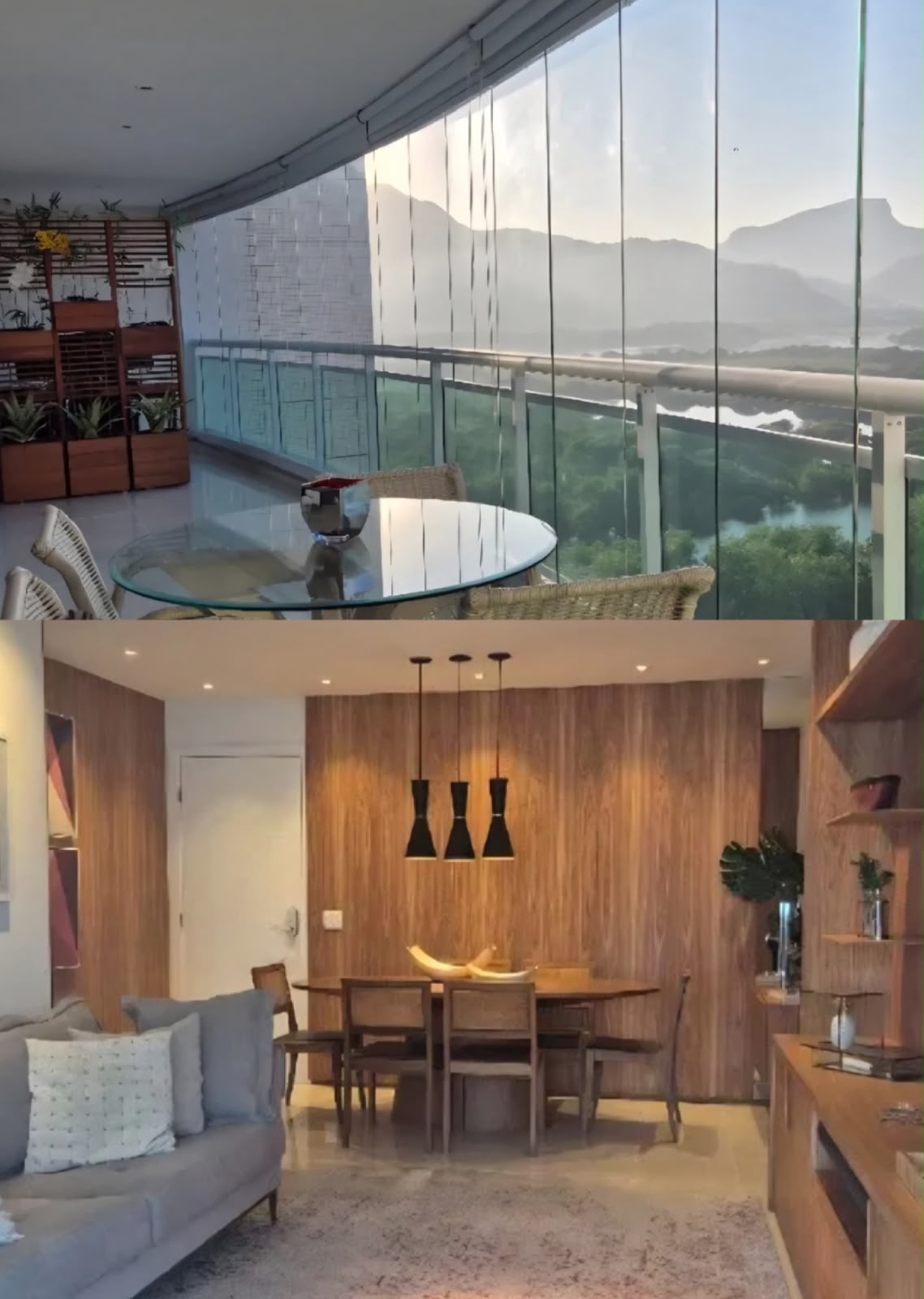 Varanda com guarda-corpo de vidro e vista para montanhas e sala de jantar com painel de madeira e pendentes pretos do apartamento em Copacabana, Posto 4