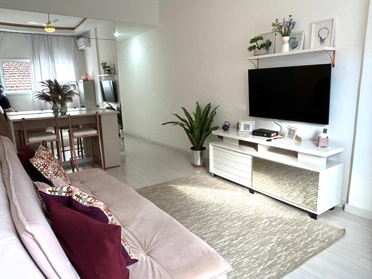 Sala do apartamento em Ipanema, mobiliada, com sofá, rack com TV e tapete